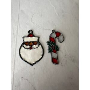 Vintage faux Stained glass acrylic christmas ornament candy cane santa set of 2